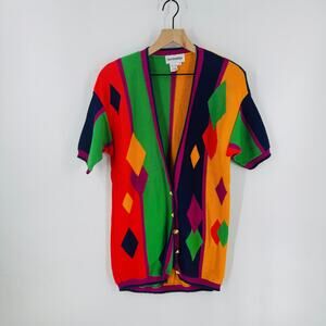 Vintage Geometric‎ Colorblock Cardigan 100% Cotton Knit Short Sleeve Size Small